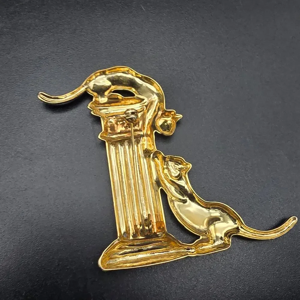 Gold Tone Cat on Pedestal Brooch Vintage Costume Jewelry